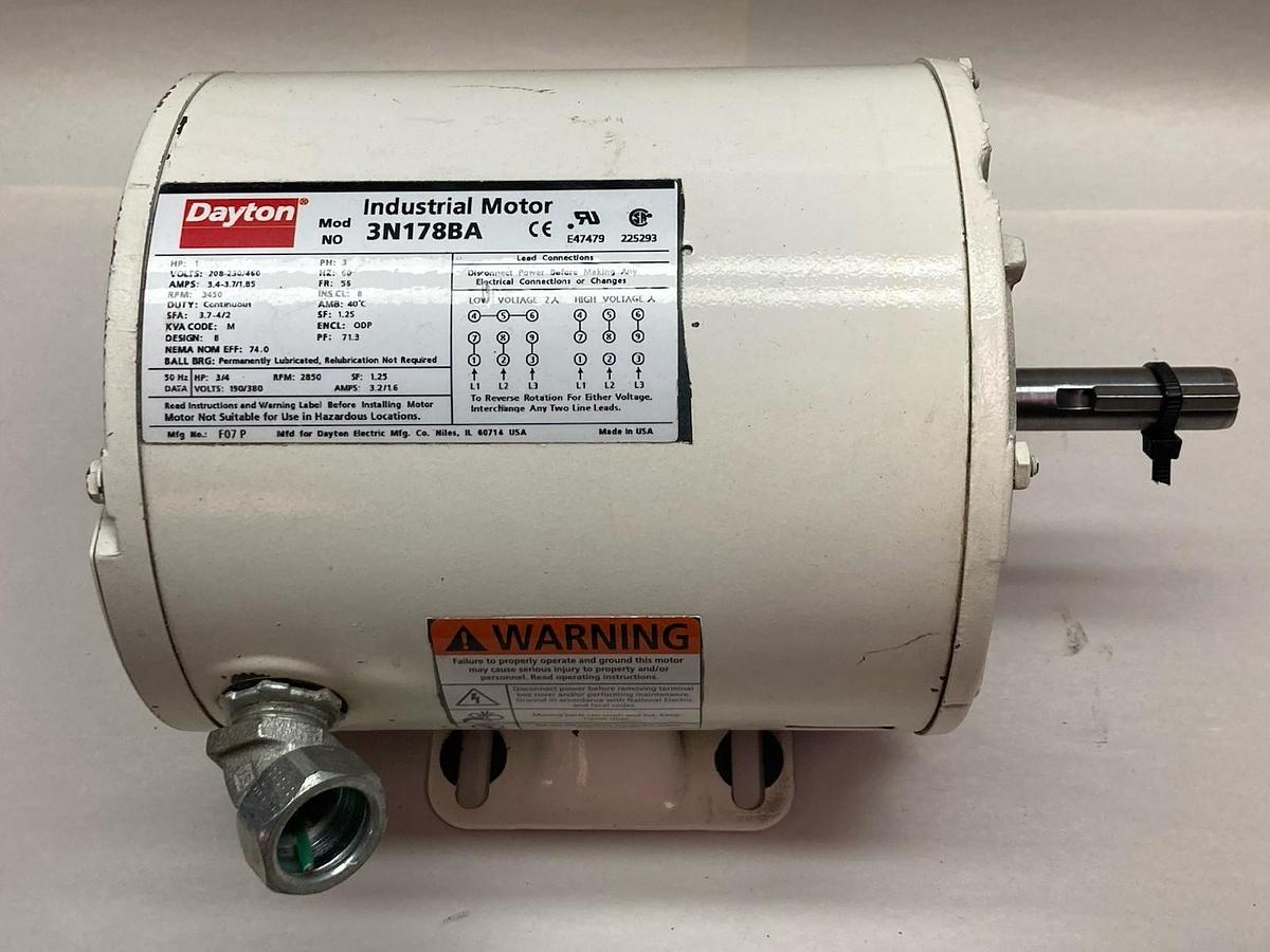 Used Dayton,3N178BA,3-Phase Industrial AC Motor 1 HP 208-230/460V 3450RPM
