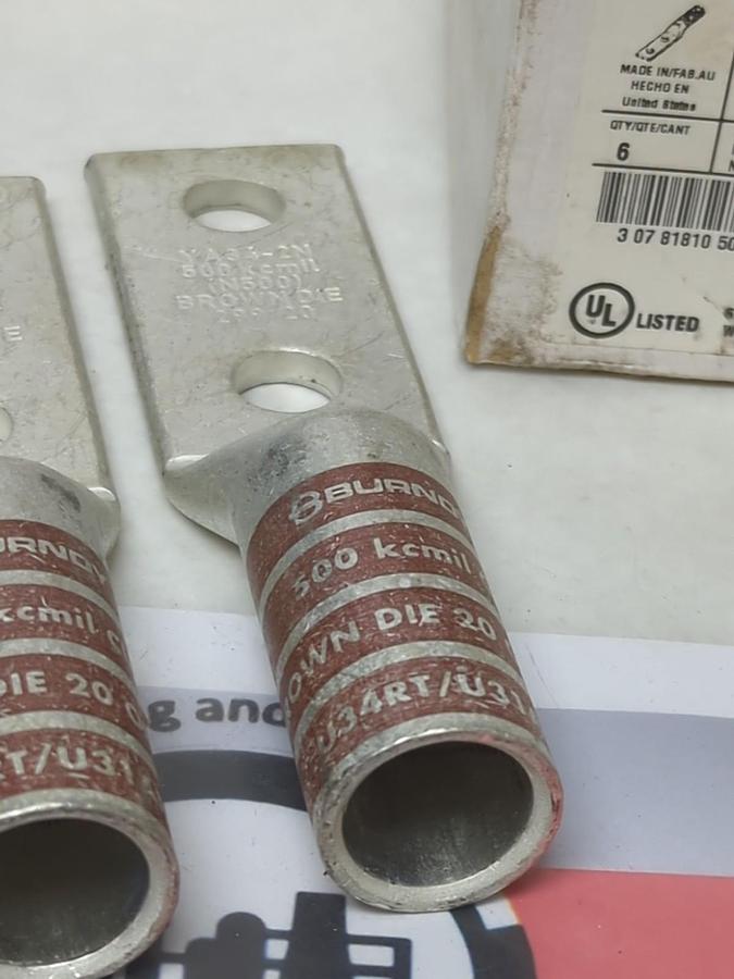 BURNDY,YA342N,HYLUG BROWN COMPRESSION LUG 500 CU 2-HOLE LONG 1/2 BOX OF 6 NOS