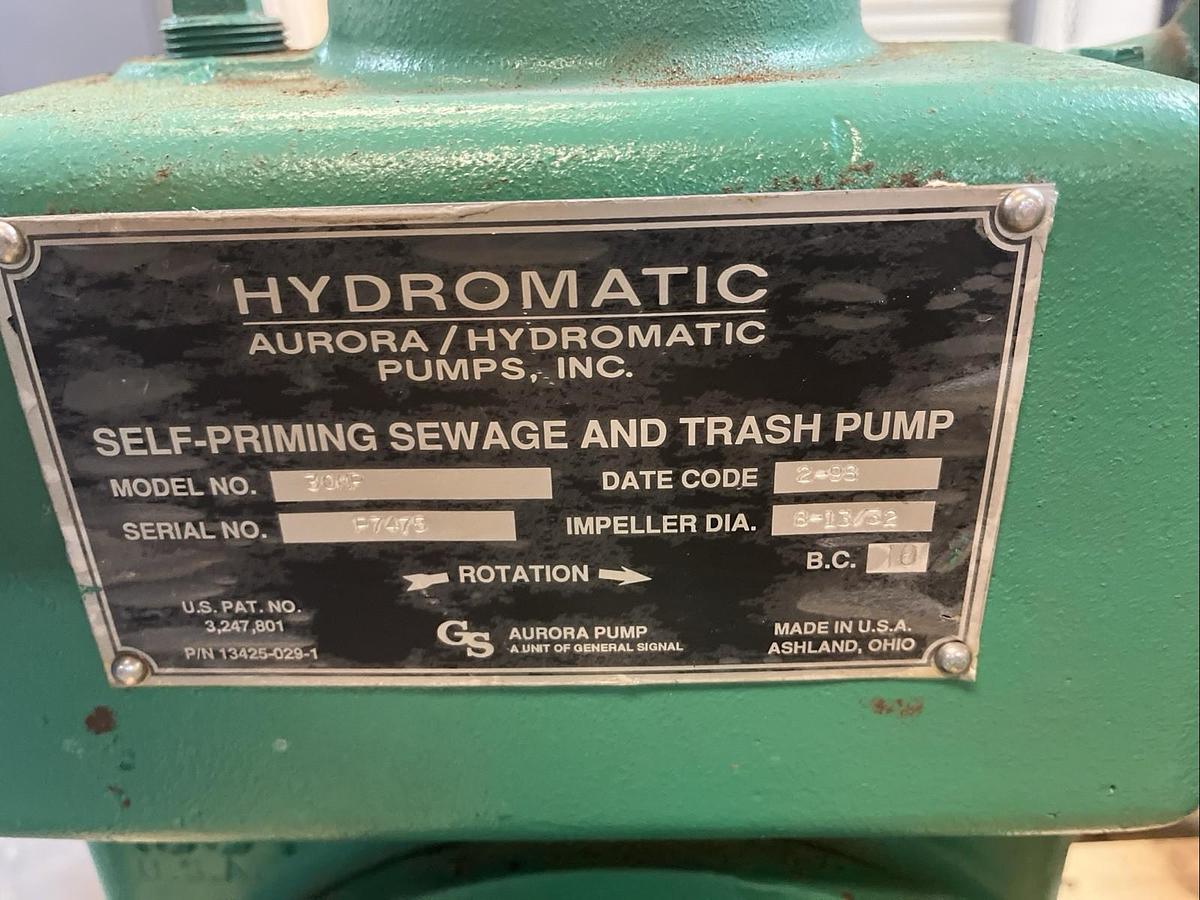 Used HYDROMATIC,30MP,SELF PRIMING SEWAGE PUMP 3" DISCHARGE