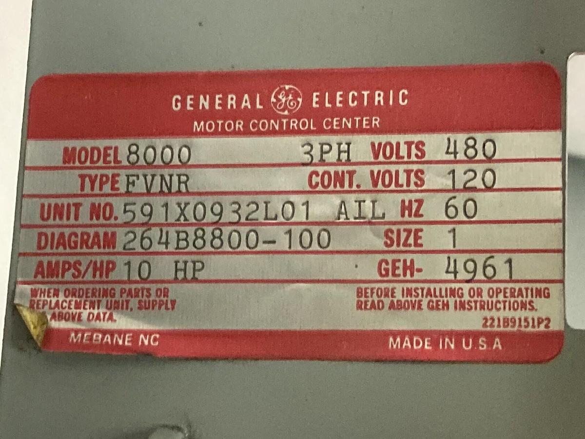 Used General Electric,Type FVNR Model 8000,3-Phase MCC Bucket Starter 480V 60Hz 10Hp