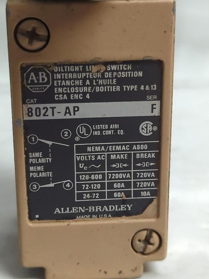 Used ALLEN BRADLEY,802T-AP,SERIES F OILTIGHT LIMIT SWITCH PRE-OWNED