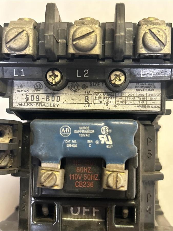 Used ALLEN BRADLEY,509-B0D,STARTER SIZE 1 27A 600V