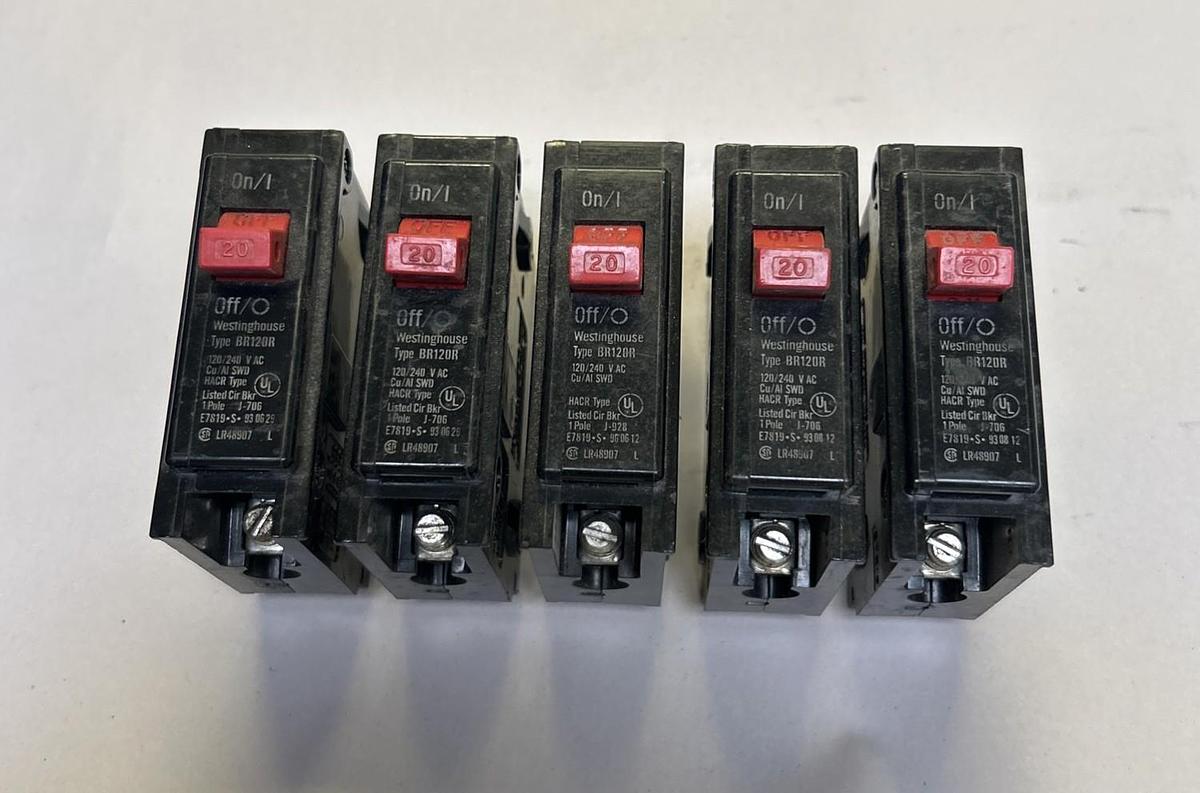 Used WESTINGHOUSE,BR120R,CIRCUIT BREAKER 20A 120/240V 1P LOT OF 5