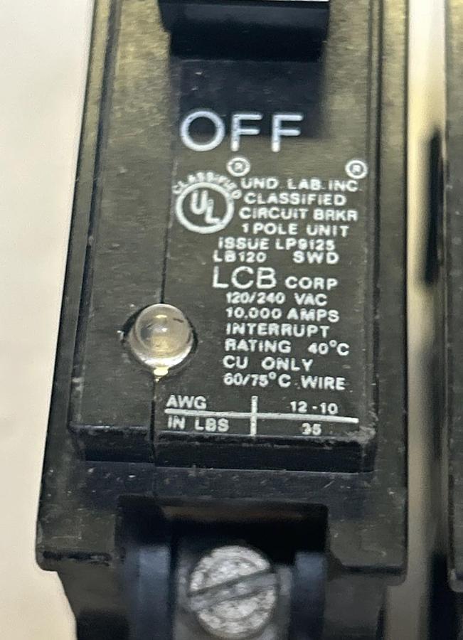Used LCB,LB120,CIRCUIT BREAKER 20A 120/240V 1P LOT OF 2