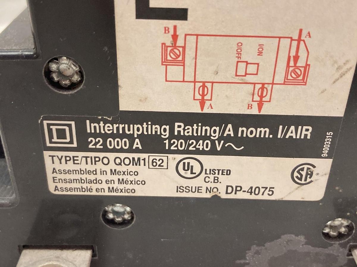 Used Square D,QOM1100,Circuit Breaker 100A 120/240V 1P