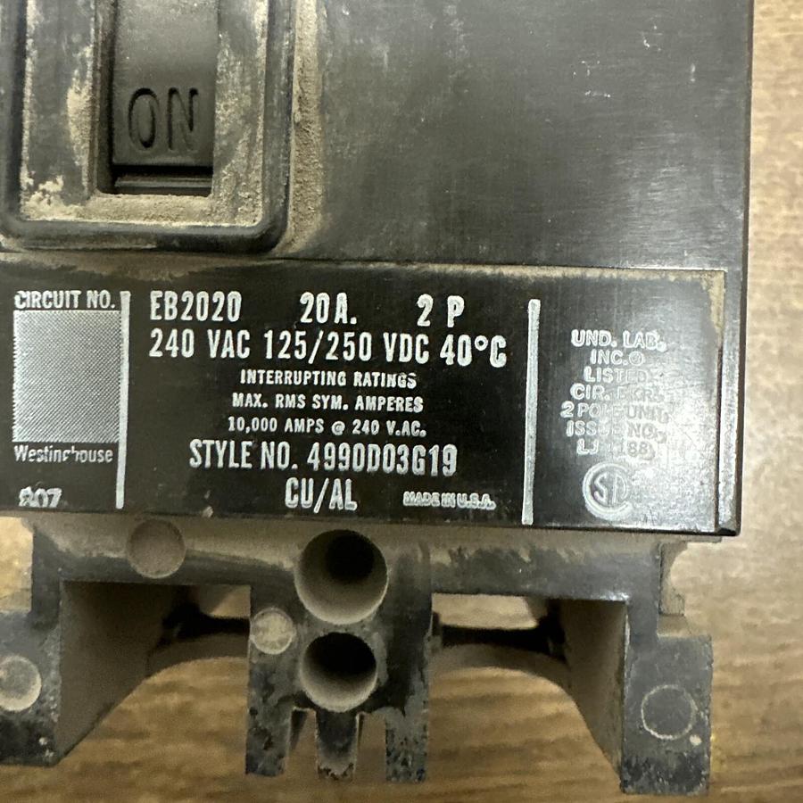 Used Westinghouse,EB2020,20A 2 Pole 240VAC Circuit Breaker