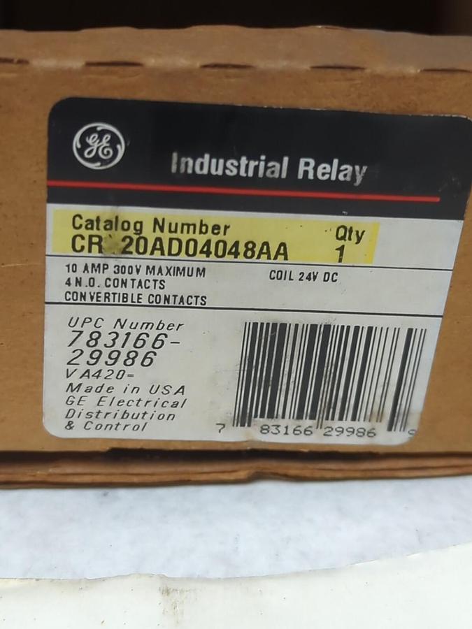 GENERAL ELECTRIC,CR120AD04048AA,CONTACT 10 AMP 300V COIL 24VDC NOS