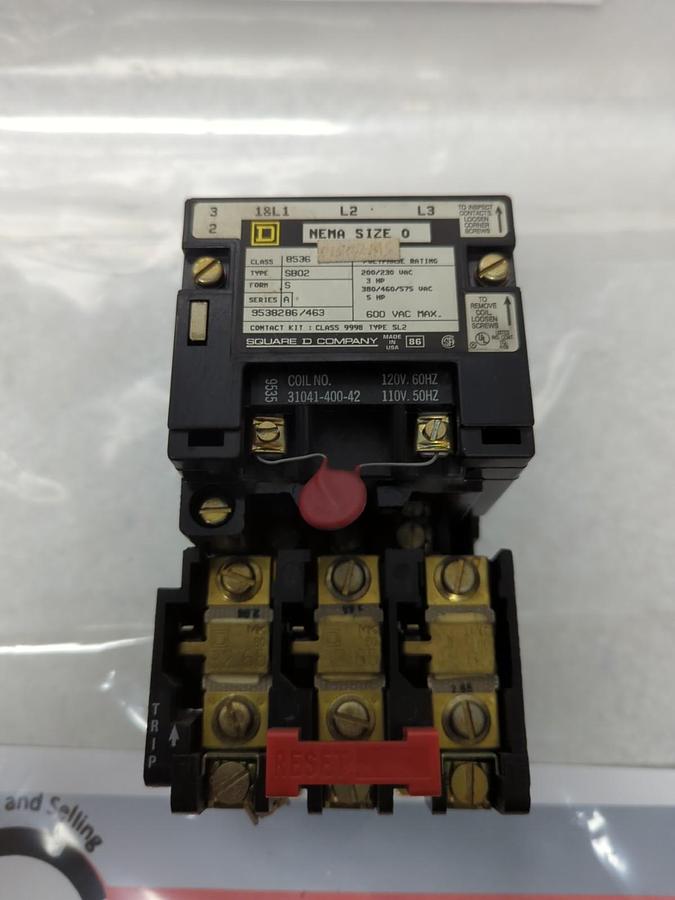 Used SQUARE D,8536-SB02,MOTOR STARTER 3-POLE SERIES A SIZE 0 PRE-OWNED