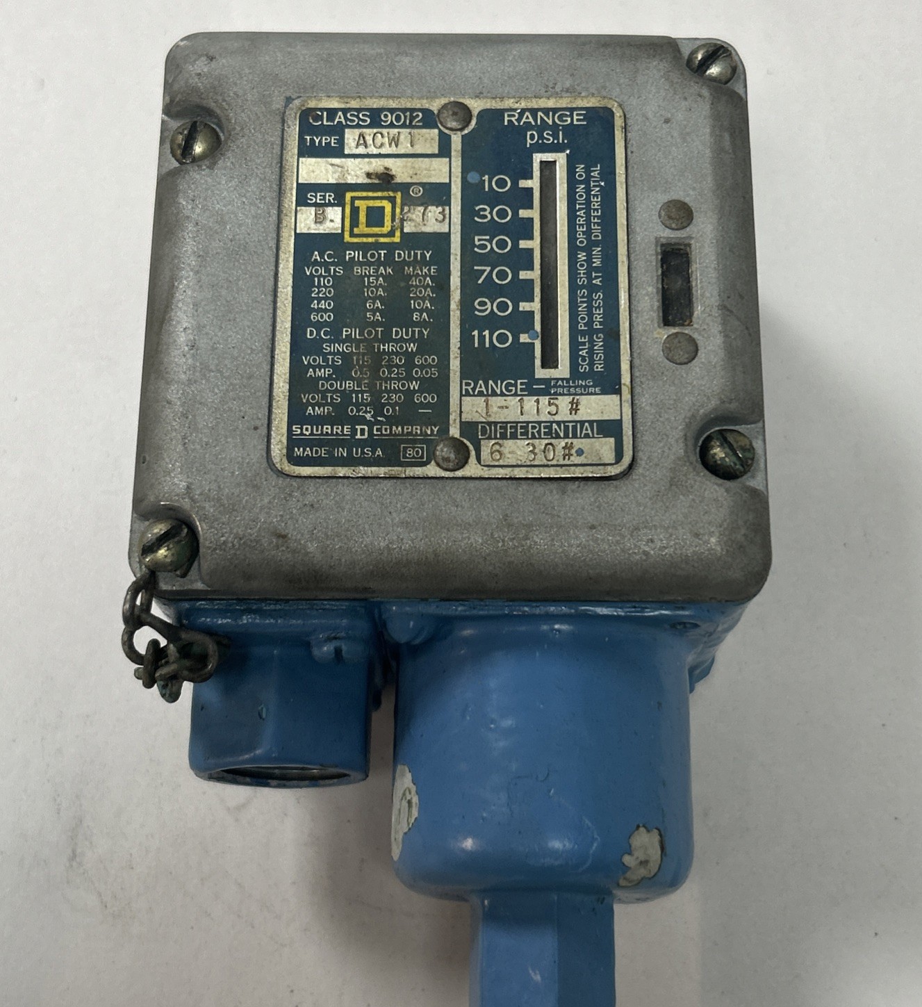 Used SQUARE D,9012ACW1,PRESSURE SWITCH