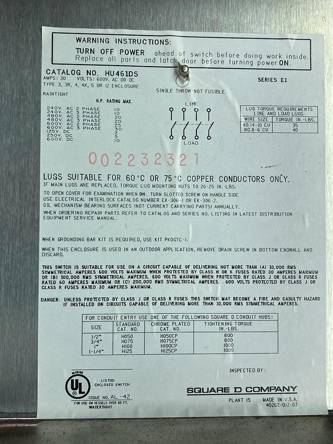 Used Square D,HU461DS,SS Non Fused Safety Disconnect Switch 30a 600v