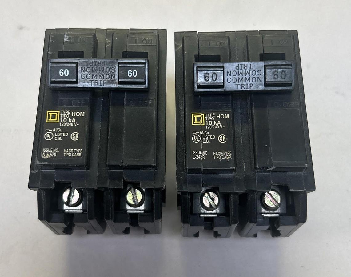 Used SQUARE D,HOM260,CIRCUIT BREAKER 60A 120/240V 2P LOT OF 2