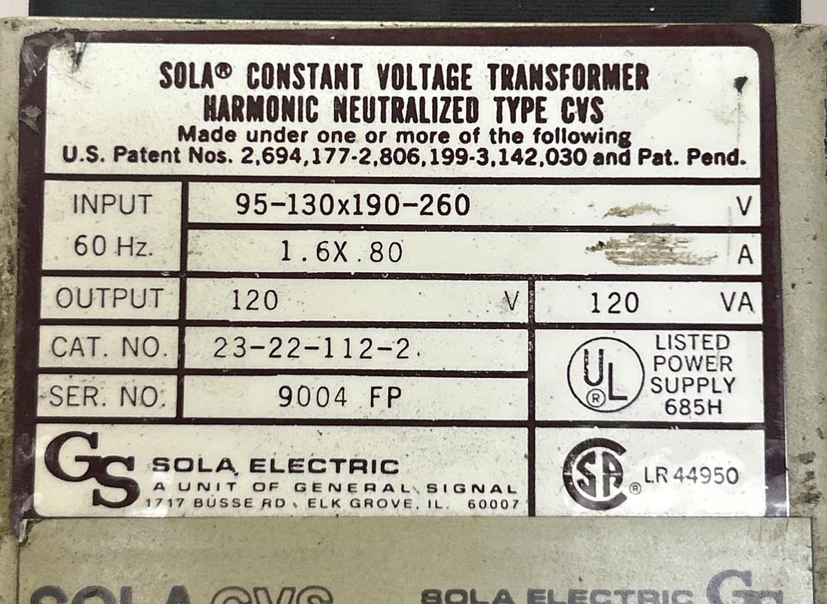 Used SOLA,23-22-112-2,CONSTANT VOLTAGE TRANSFORMER