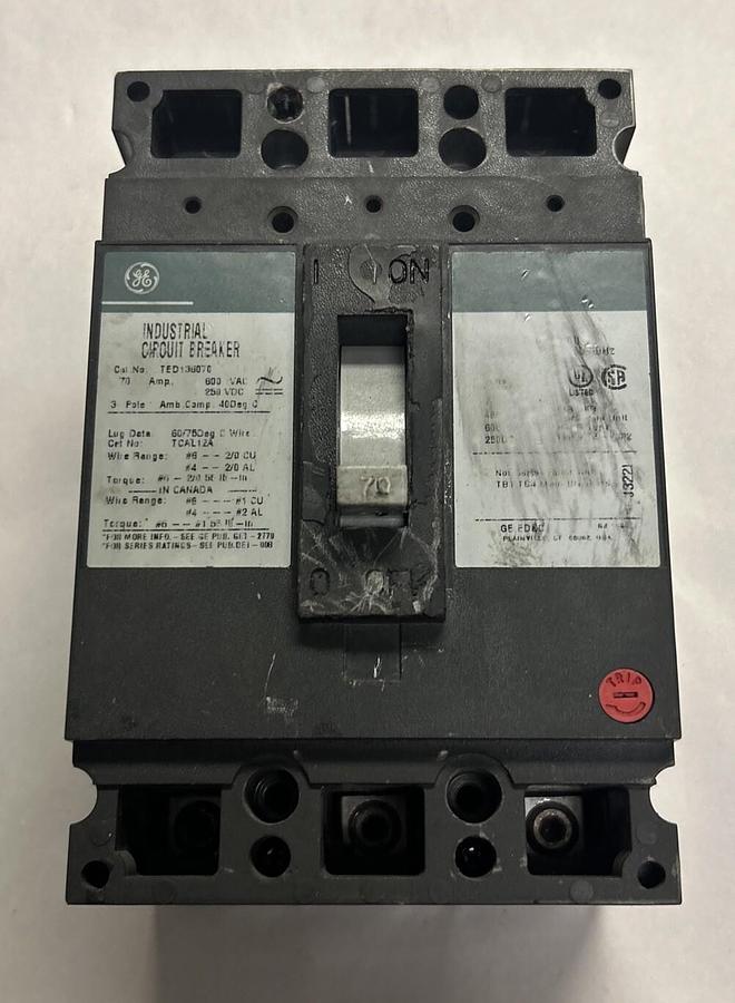 Used GENERAL ELECTRIC,TED136070,CIRCUIT BREAKER 70A 600V