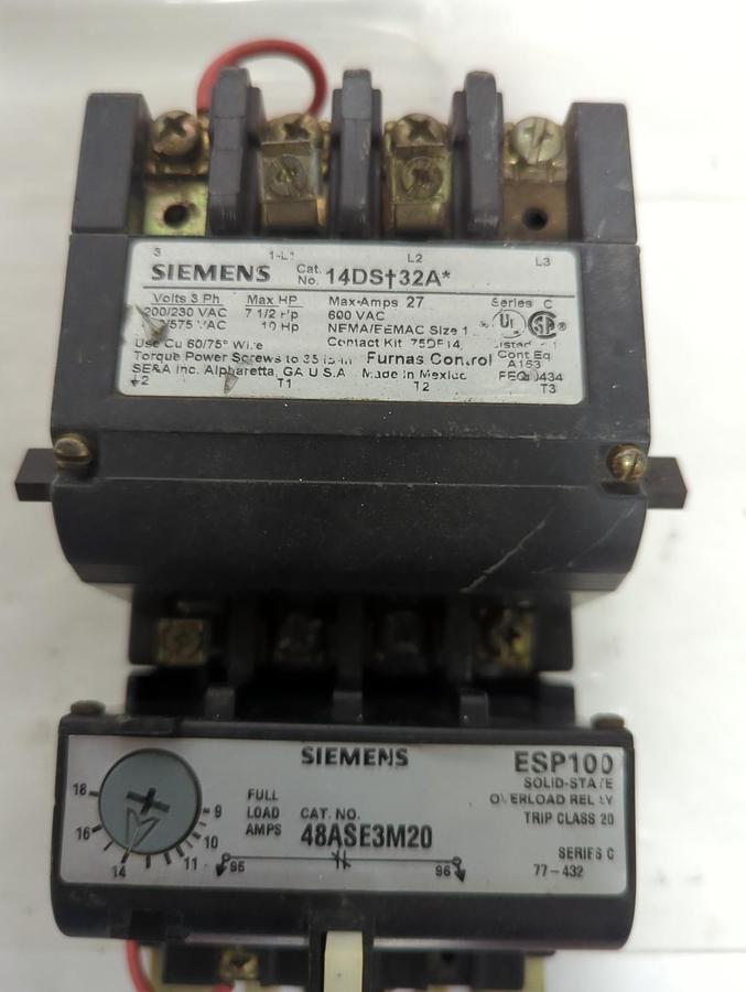 Used SIEMENS,14DS-132A,SIZE1 STATER WITH OVERLOAD RELAY 48ASE3M20 PRE-OWNED