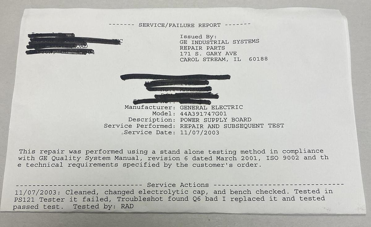 Used GENERAL ELECTRIC,44A391747-G01,POWER SUPPLY BOARD REFURBISHED