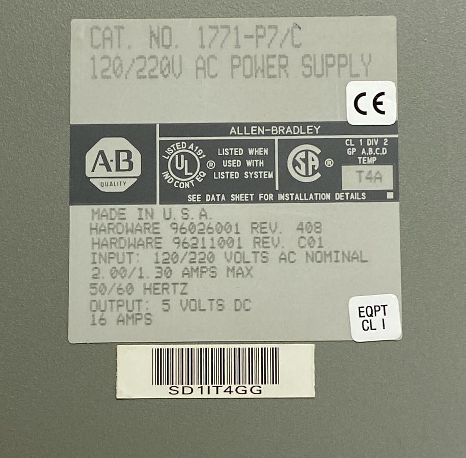 Used ALLEN BRADLEY,1771-P7,SER B POWER SUPPLY MODULE 16A 120/220V