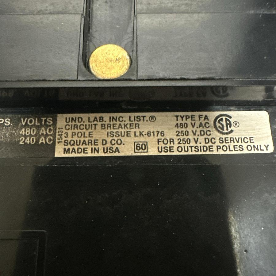 Used Square-D,FA-34020,20 Amp 3 Pole Molded Circuit Breaker