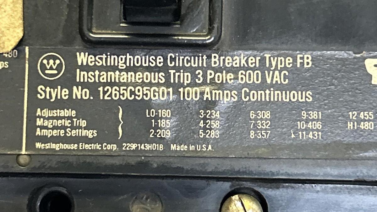 Used WESTINGHOUSE,1265C95G01,CIRCUIT BREAKER 100A 600V 3P