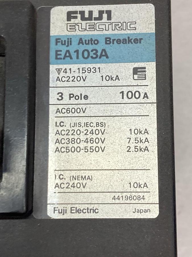 Used Fuji Electric,EA103A,3-Pole Circuit Breaker 100A 220V-460V