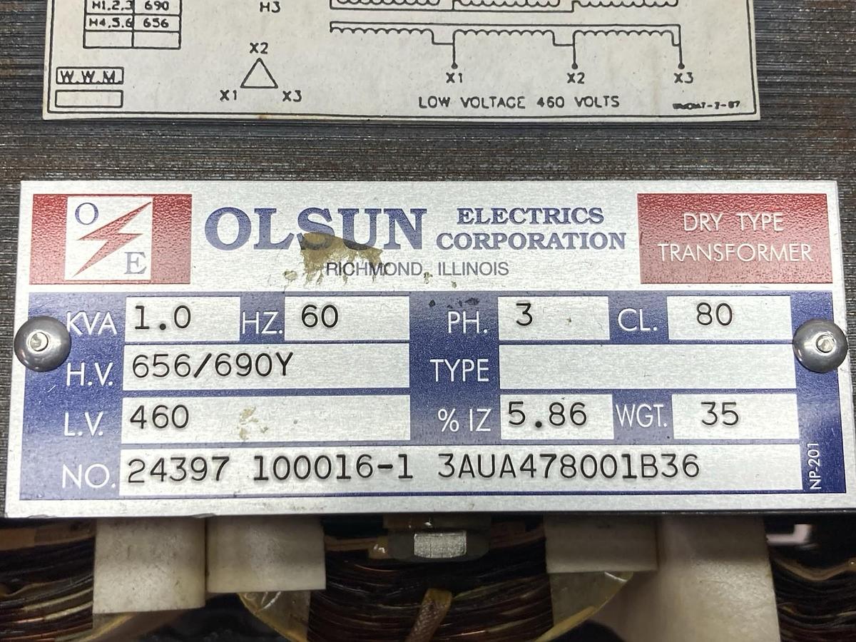 Used Olsun,3AUA478001B36,3-Phase Dry Type Transformer 1.0KVA 60Hz