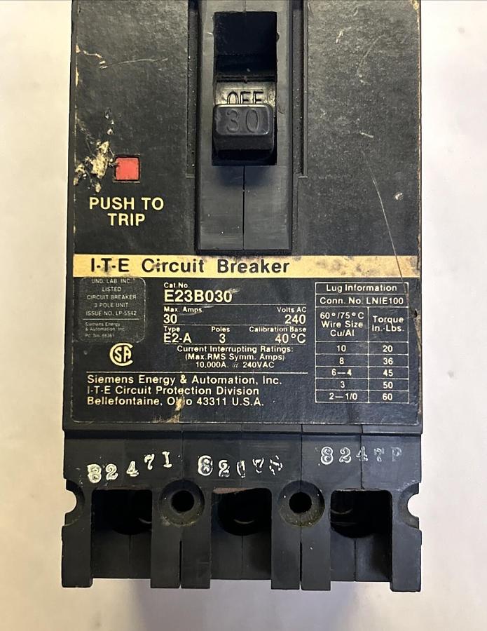 Used ITE,E23B030,CIRCUIT BREAKER 30A 240V 3P