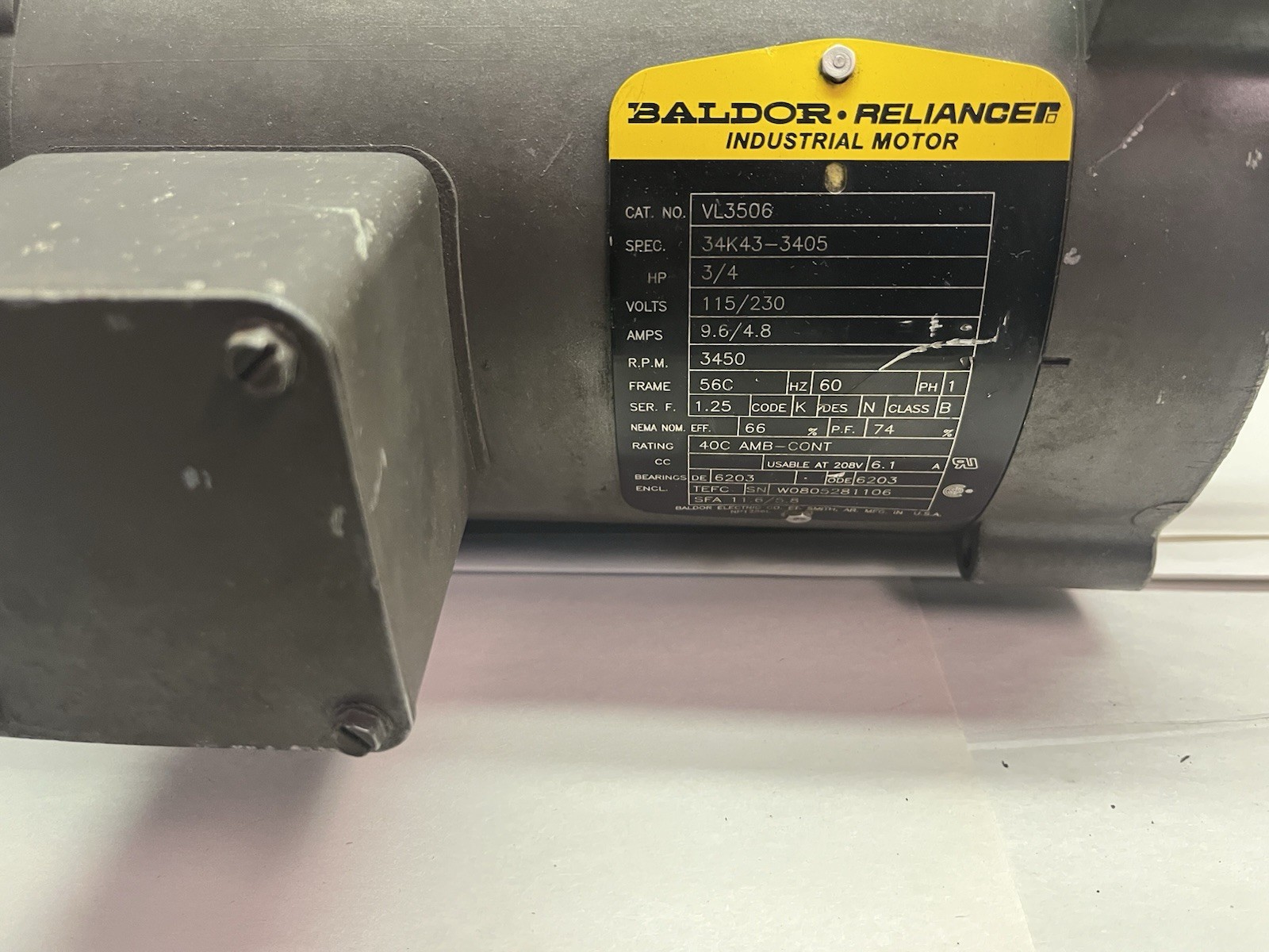 Used BALDOR,VL3506,MOTOR 3/4HP 115/230V 3450RPM 56C 1PH