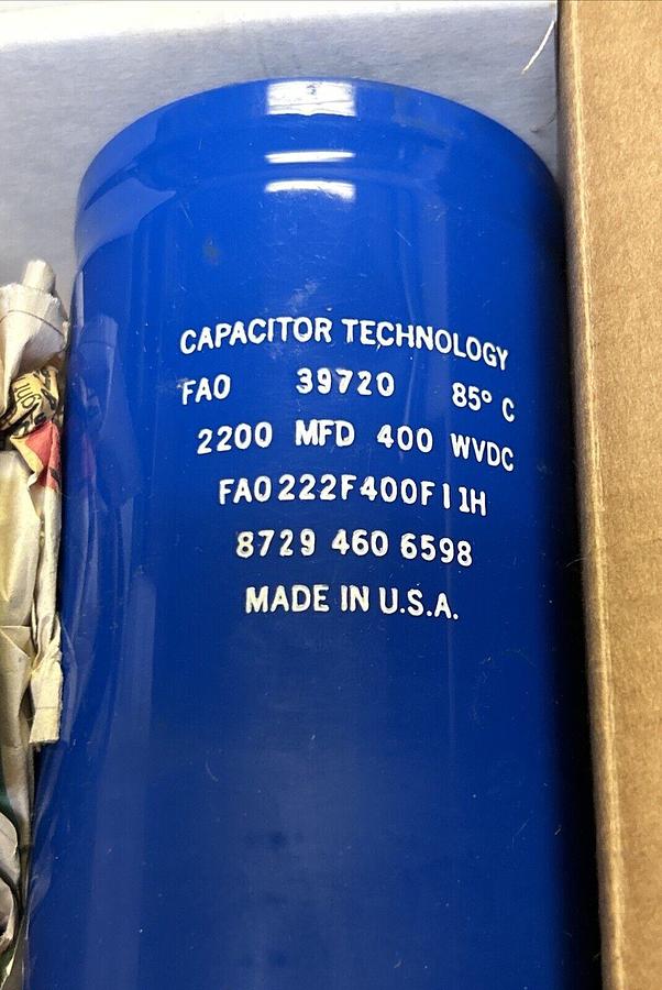 Used CAPACITOR TECHNOLOGY,FA0222F400FI1H,CAPACITOR 2,200 MFD 400 WVDC