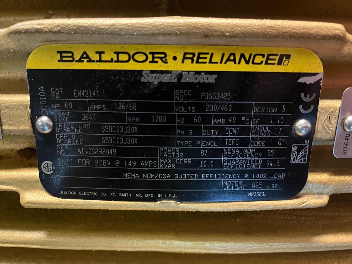 Used BALDOR,EM4314T,MOTOR 60HP 3PH 1780RPM 364T TEFC
