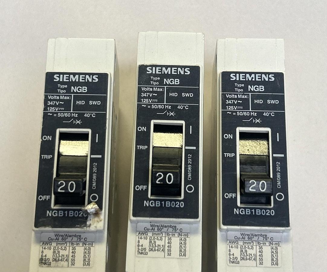 Used SIEMENS,NGB1B020,CIRCUIT BREAKER 20A 347V 1P LOT OF 3