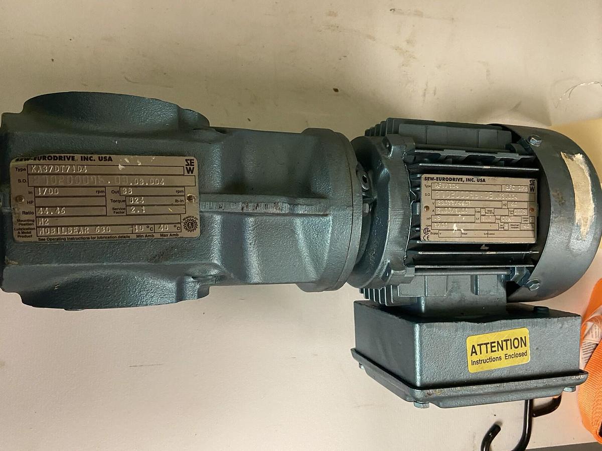 Used Sew Eurodrive,KA37DT71D4,Gearmotor Ratio 44.46 Torque 824 Lb-IN 1/2Hp Out 38 RPM