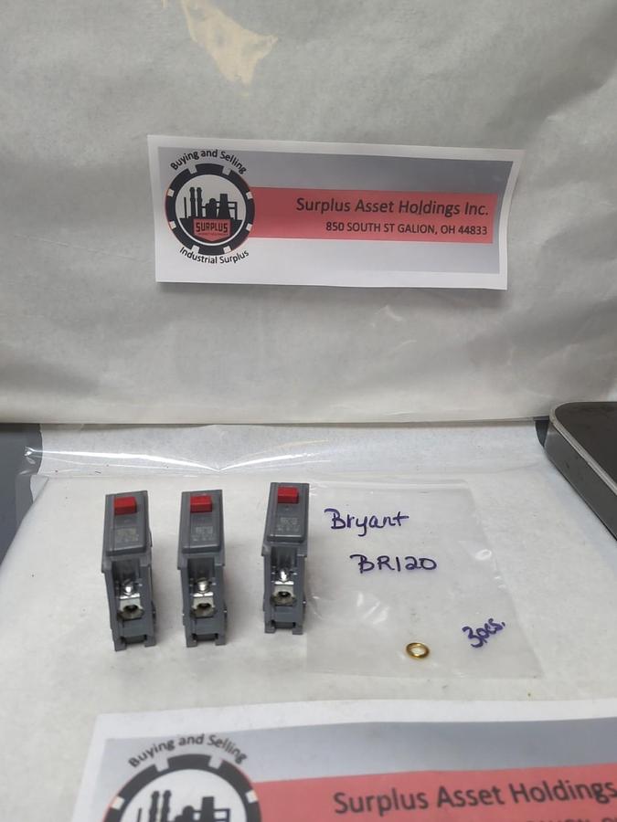 Used BRYANT,BR120,CIRCUIT BREAKER 20 AMP 1-POLE LOT OF 3 PRE-OWNED