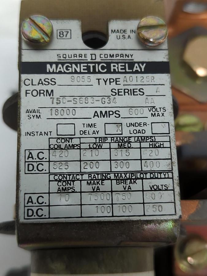 SQUARE D,A0125R,CLASS 9055 MAGNETIC RELAY 750-S683-G34 AA 18000A 600V NOS