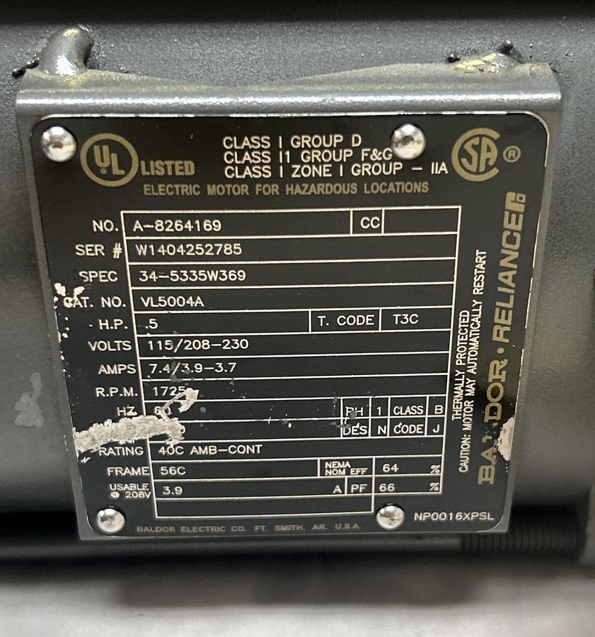 Used BALDOR,VL5004A,MOTOR 1/2HP 1725RPM 115/208/230V 56C FRAME