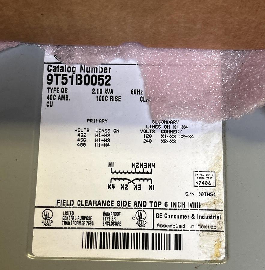 Used GENERAL ELECTRIC,9T51B0052,TRANSFORMER 2KVA PRI 480V SEC 120/240V 1PH