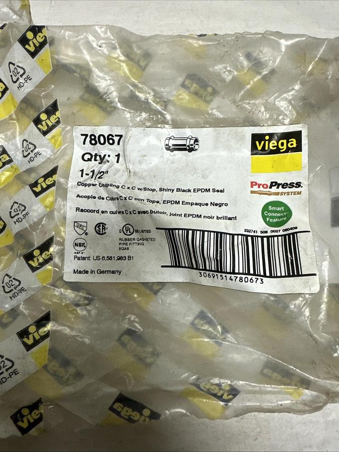 Used Viega,78067,1-1/2" Copper Coupling W/Stop