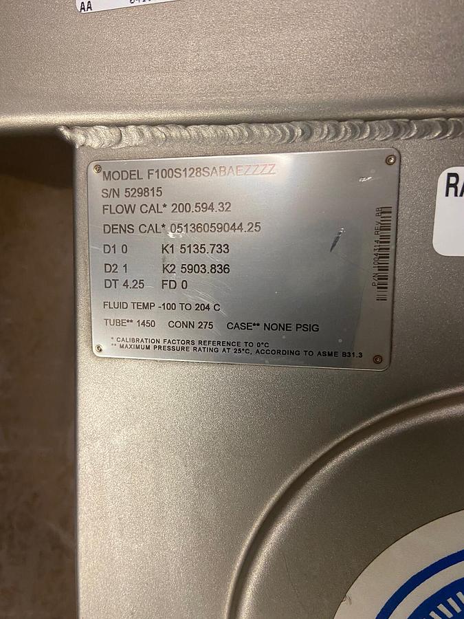 Used Micro Motion,F100S128SABAEZZZZ,1 INCH Mass Flow Sensor 17.3V 160mA