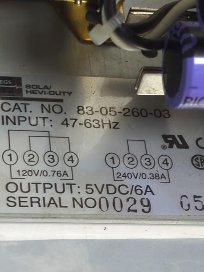 Used SOLA,83-05-260-03,POWER SUPPLY IN 47-63HZ OUT 5VDC/6A PRE-OWNED