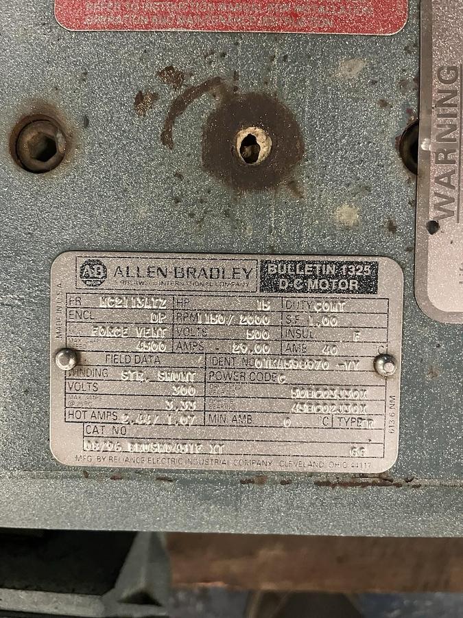 Used RELIANCE ALLEN BRADLEY,MC2113ATZ,DC BRAKE MOTOR 15HP 1150RPM 500VDC SHUNT 300VDC