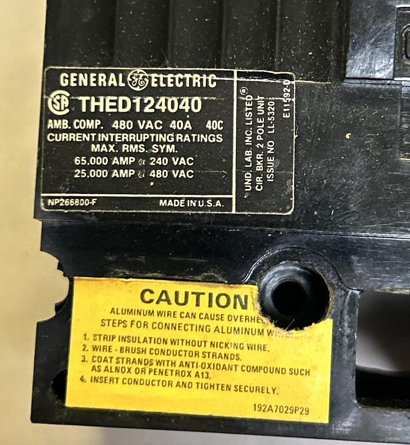 Used GENERAL ELECTRIC,THED124040,CIRCUIT BREAKER 40A 480V 2P