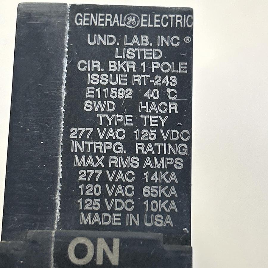 Used GENERAL ELECTRIC,TEY115,CIRCUIT BREAKER 15A 277V 1P LOT OF 4