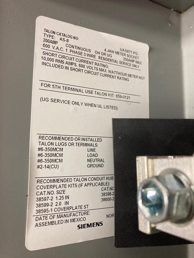 Used Siemens,UAS877-PG,Ringless 4-Jaw Meter Socket