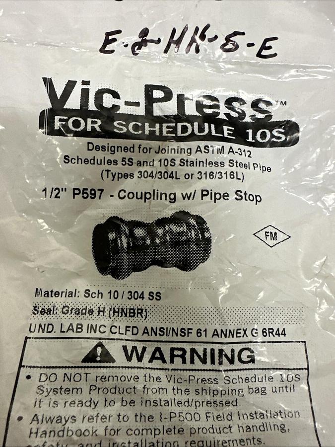 Used Vic-Press,P597,Coupling w/ Pipe Stop 1/2" SCH 10 304SS