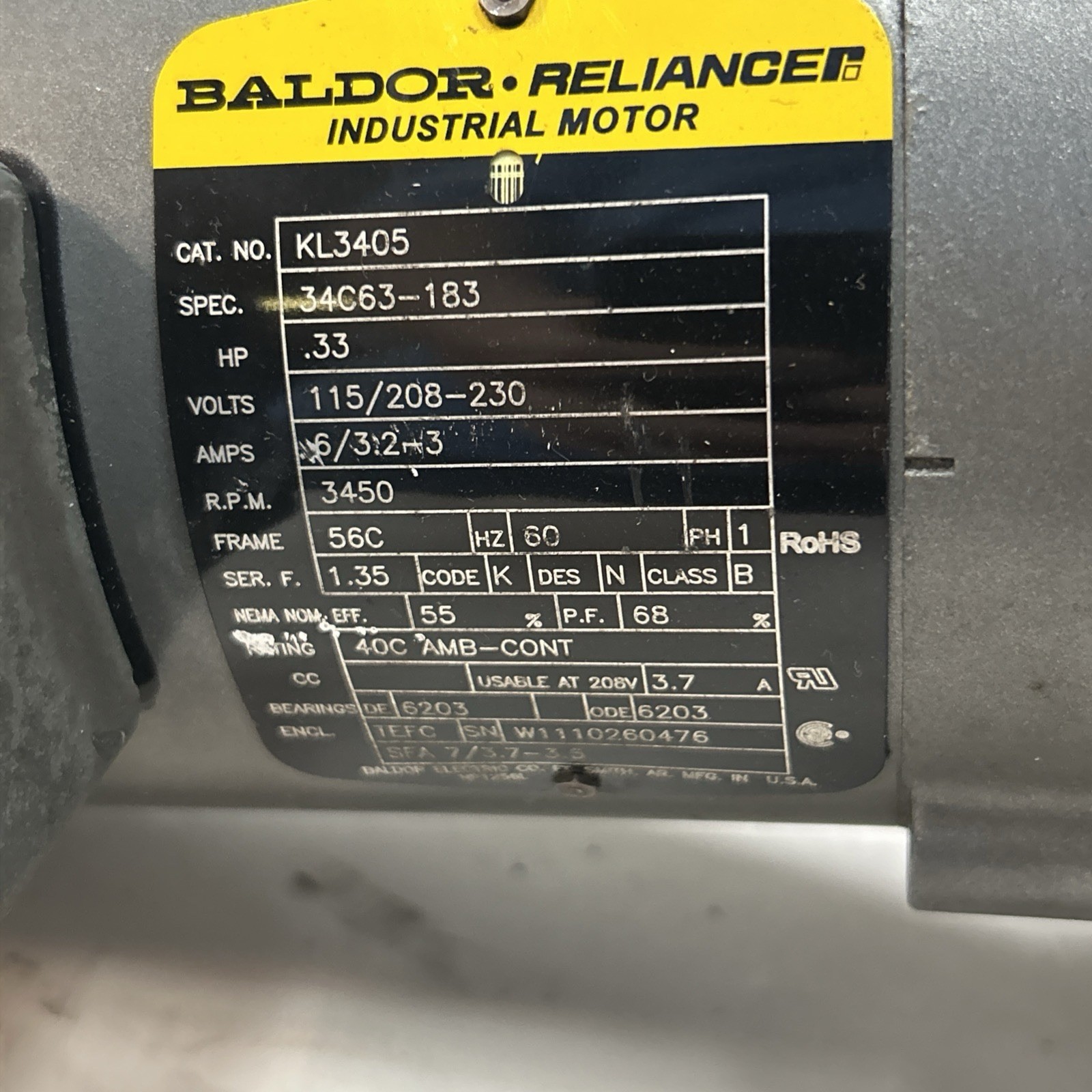 Used BALDOR,KL3405,ELECTRA-KOOL BLOWER 1/3HP 3450RPM 230V 1PH 56C FR