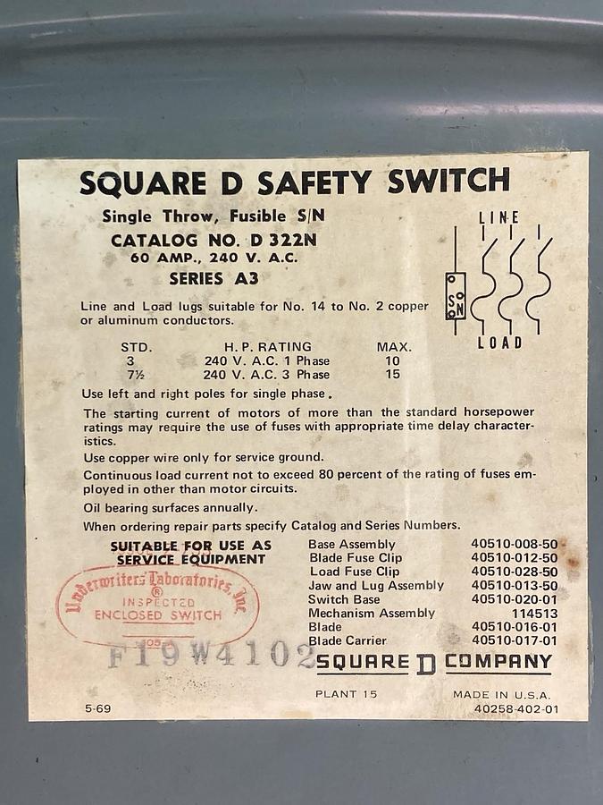 Used Square D,D322N,Safety Switch Series A3 240Vac 60A