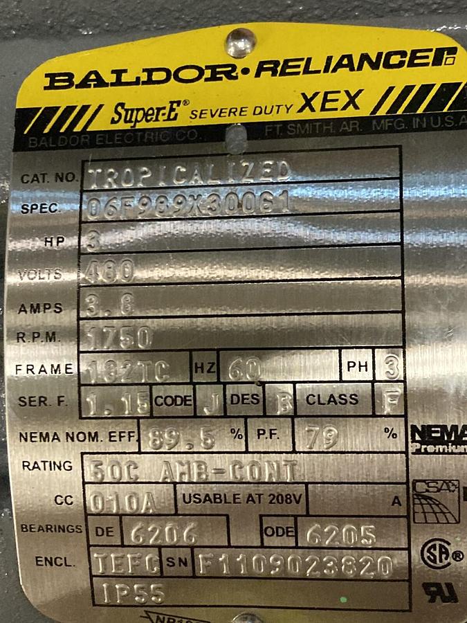 Baldor Reliance,XEX,3HP Super-E Severe Duty Motor 1750 RPM 480 Volts 182TC