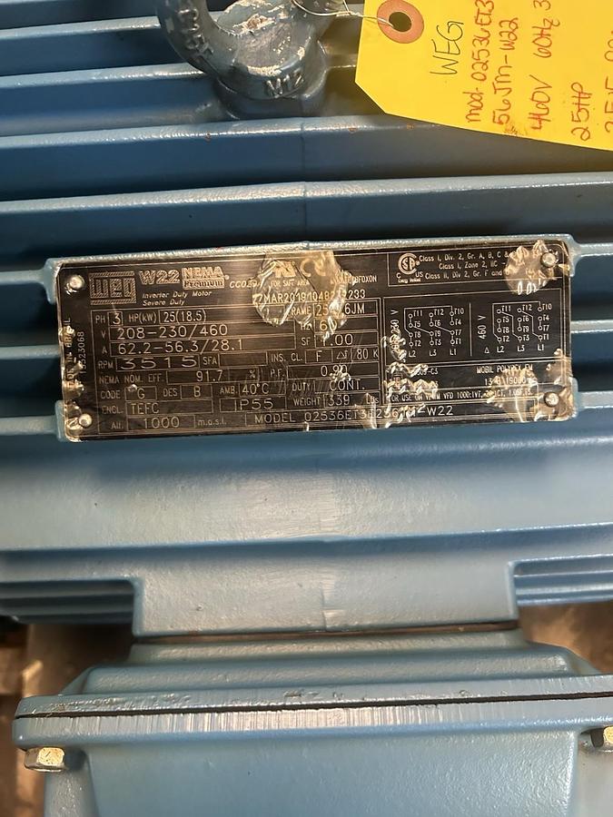 Used WEG,02536ET3E256JM-W22,MOTOR 25HP 208-230/460V 3515RPM 3PH 254/6JM FRAME
