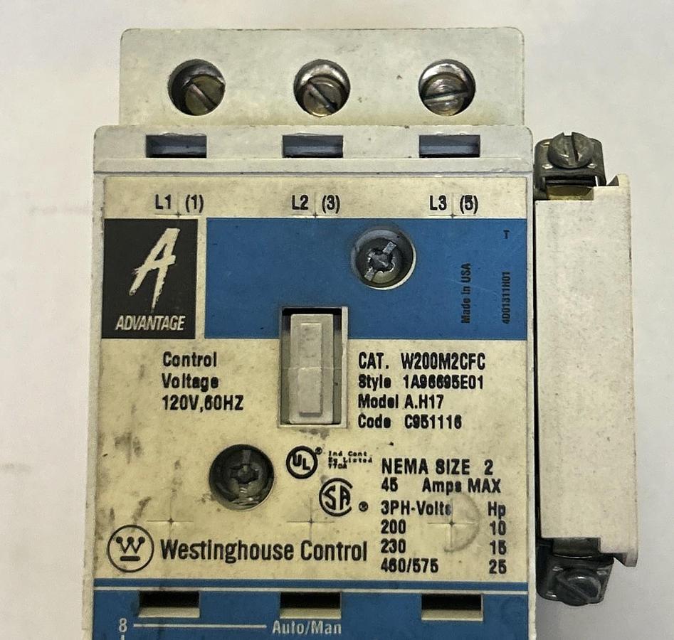 Used WESTINGHOUSE,W200M2CFC,ADVANTAGE STARTER SIZE 2 45A 120V COIL