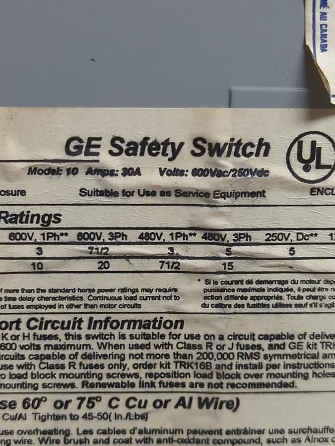 Used GE,TH3361R,SAFETY SWITCH MODEL 10 30 AMP 600VAC 250 VDC PRE-OWNED