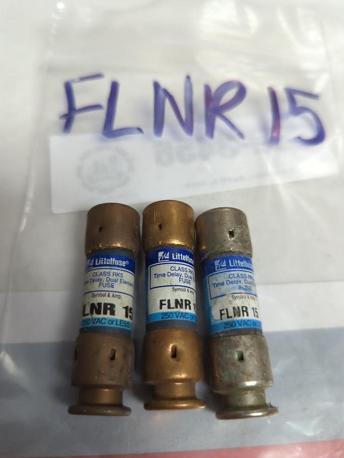 Used LITTELFUSE,FLNR15,TIME-DELAY 15 AMP FUSE LOT OF 3 PRE-OWNED