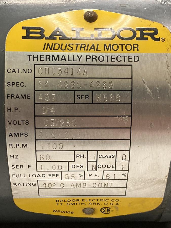 Used Baldor,CHC3414A,1/4Hp Motor 1100 RPM 115/230 Volts 48Z Frame